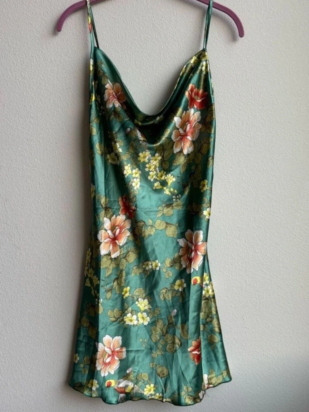 BOGO Green Floral Drape Neck Chest Strappy Mini Dress Satin - Picture 1 of 5